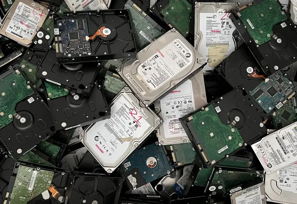 Retired hard disk drives waiting for secure destruction